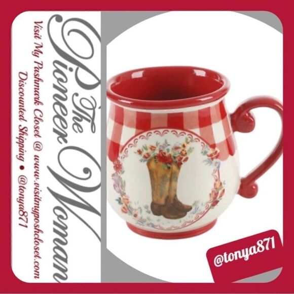 🦋 New Pioneer Woman Novelty Cowboy Boot Floral Red Gingham 16-oz Mug - Picture 1 of 9